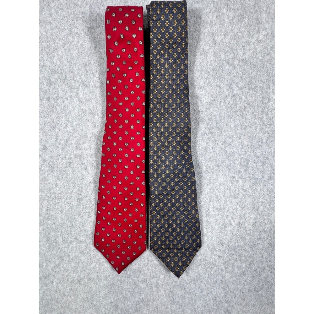 Christian Dior Silk Tie Bundle Red Paisley & Navy Blue Anchor Vintage Men Ties